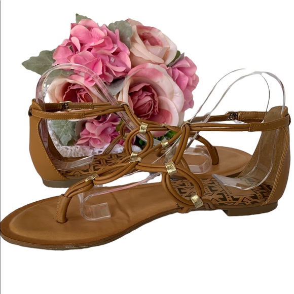 DOLCE VITA T-STRAP GOLD ACCENT CAMEL TAN LEATHER GLADIATOR SANDALS THONG SANDALS - Picture 5 of 14